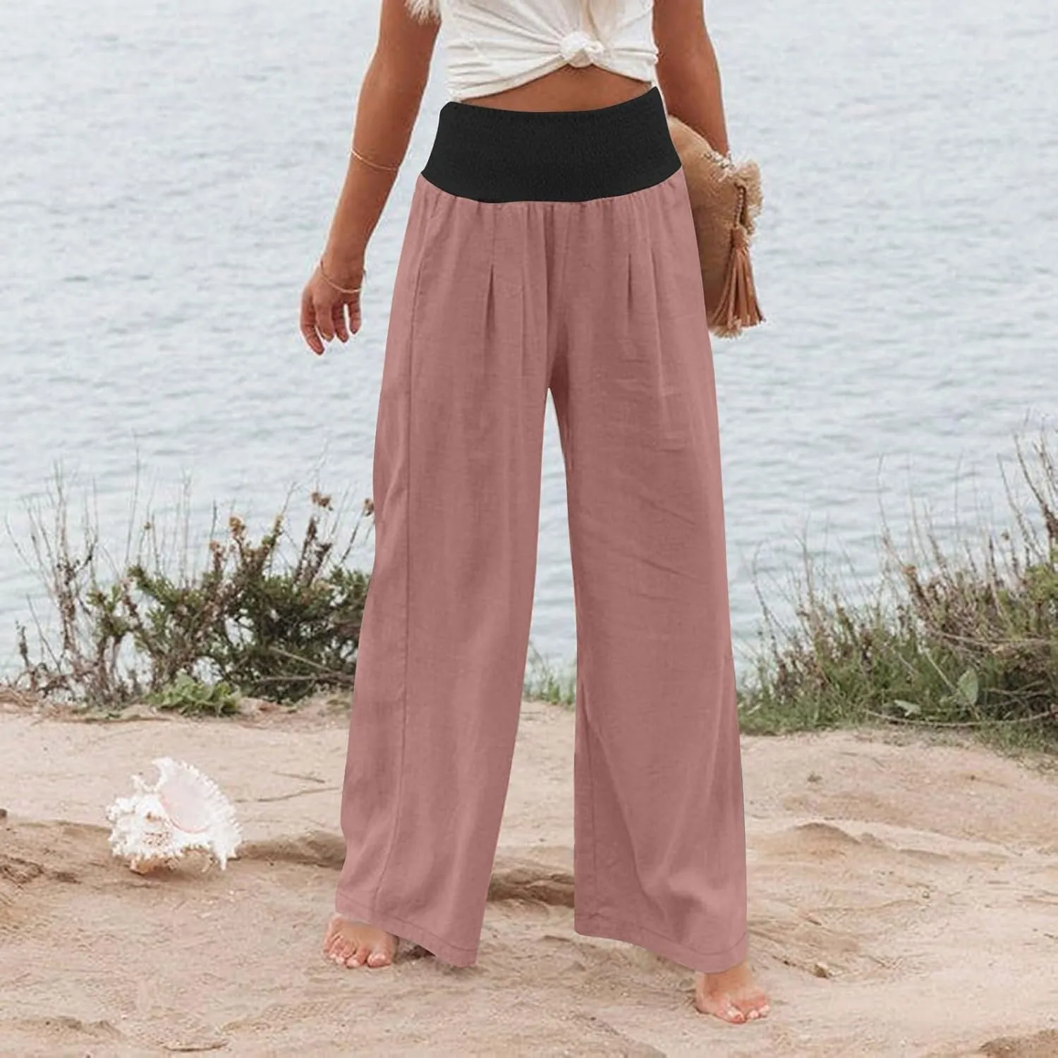 Women Summer High Waisted Cotton Linen Palazzo Pants High Waisted Wide Leg Pants Boho Lounge Trousers with Pocket