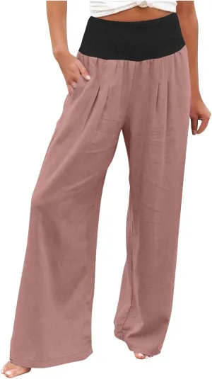 Women Summer High Waisted Cotton Linen Palazzo Pants High Waisted Wide Leg Pants Boho Lounge Trousers with Pocket