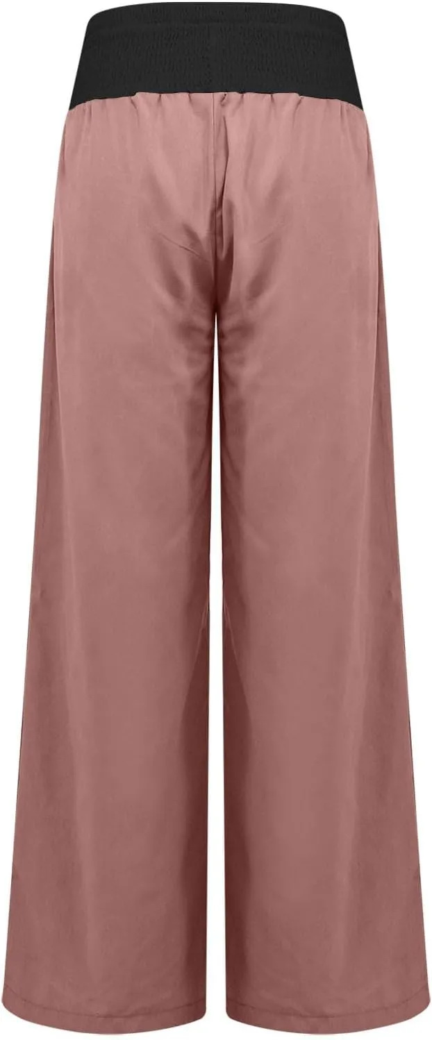 Women Summer High Waisted Cotton Linen Palazzo Pants High Waisted Wide Leg Pants Boho Lounge Trousers with Pocket