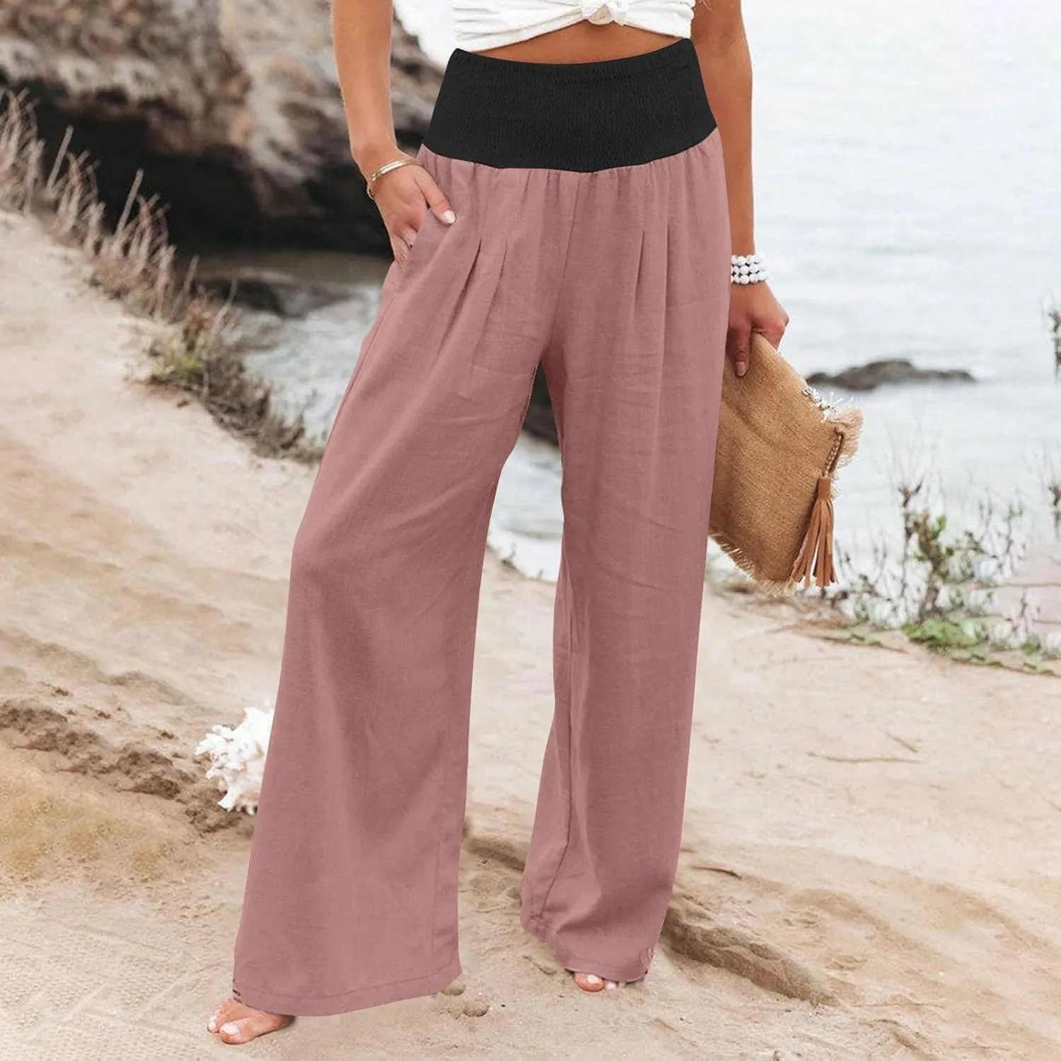 Women Summer High Waisted Cotton Linen Palazzo Pants High Waisted Wide Leg Pants Boho Lounge Trousers with Pocket