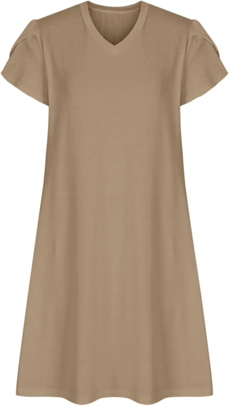 Women Summer Petal Sleeve Dress A-Line Mini Dresses Casual Floral T-Shirt Dress Flowy Beach Short Sundress with Pocket
