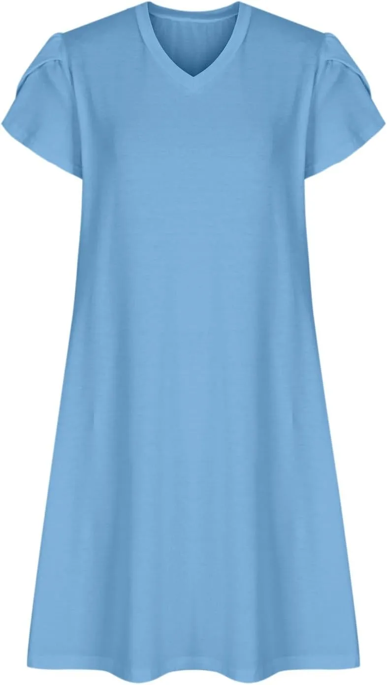 Women Summer Petal Sleeve Dress A-Line Mini Dresses Casual Floral T-Shirt Dress Flowy Beach Short Sundress with Pocket