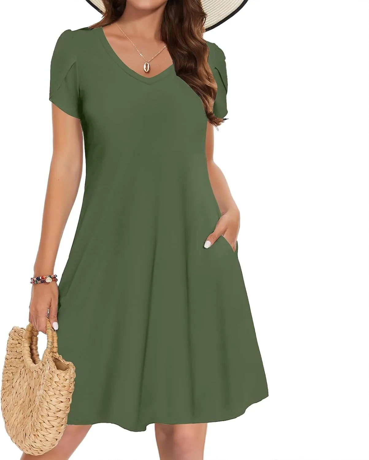 Women Summer Petal Sleeve Dress A-Line Mini Dresses Casual Floral T-Shirt Dress Flowy Beach Short Sundress with Pocket
