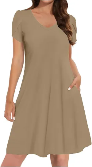 Women Summer Petal Sleeve Dress A-Line Mini Dresses Casual Floral T-Shirt Dress Flowy Beach Short Sundress with Pocket