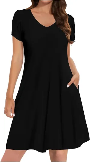 Women Summer Petal Sleeve Dress A-Line Mini Dresses Casual Floral T-Shirt Dress Flowy Beach Short Sundress with Pocket