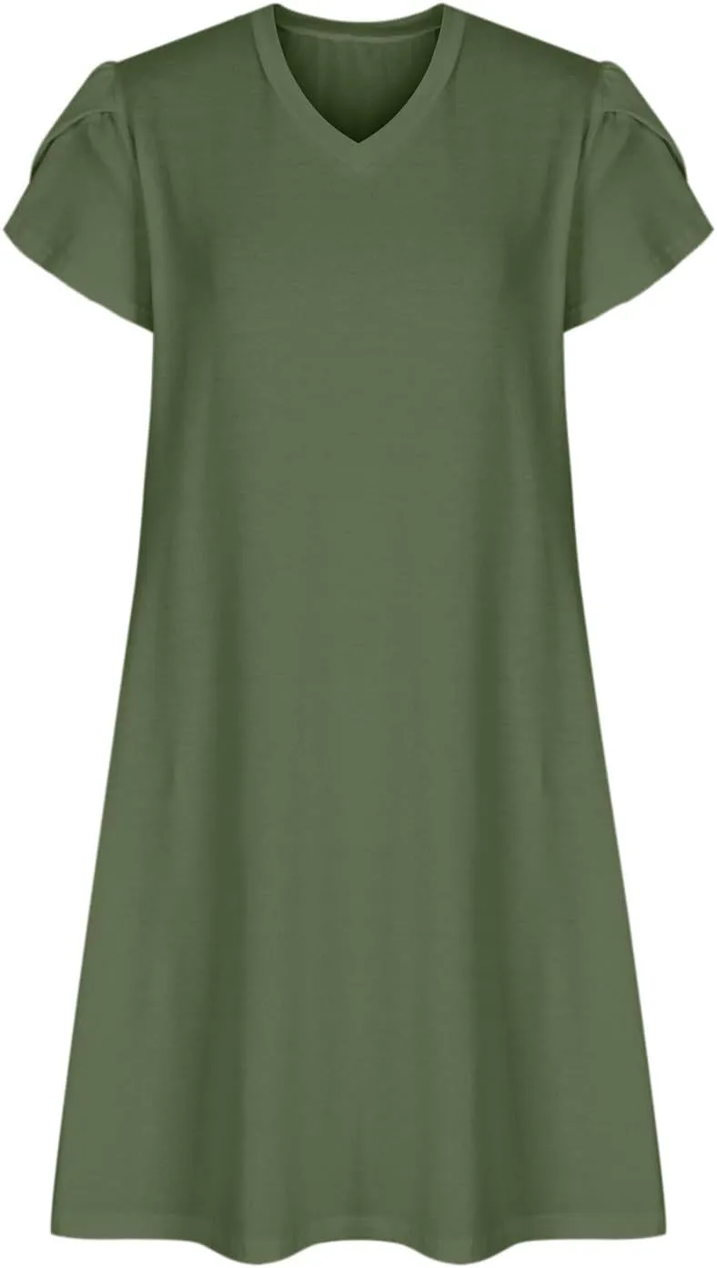 Women Summer Petal Sleeve Dress A-Line Mini Dresses Casual Floral T-Shirt Dress Flowy Beach Short Sundress with Pocket
