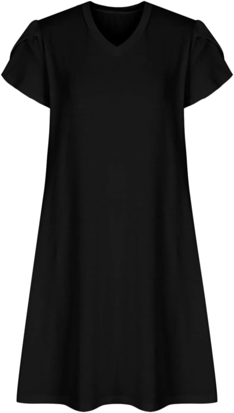 Women Summer Petal Sleeve Dress A-Line Mini Dresses Casual Floral T-Shirt Dress Flowy Beach Short Sundress with Pocket