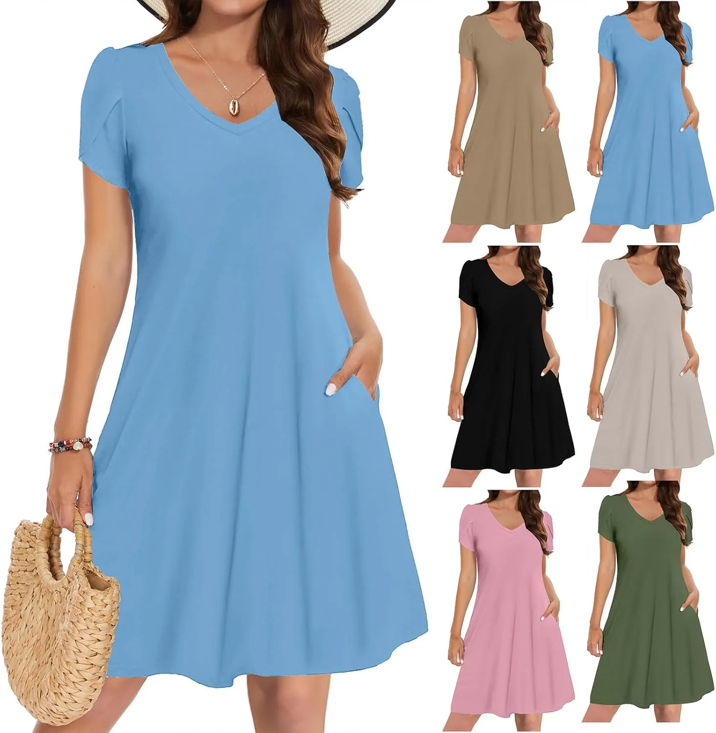 Women Summer Petal Sleeve Dress A-Line Mini Dresses Casual Floral T-Shirt Dress Flowy Beach Short Sundress with Pocket
