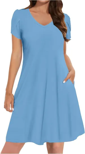 Women Summer Petal Sleeve Dress A-Line Mini Dresses Casual Floral T-Shirt Dress Flowy Beach Short Sundress with Pocket