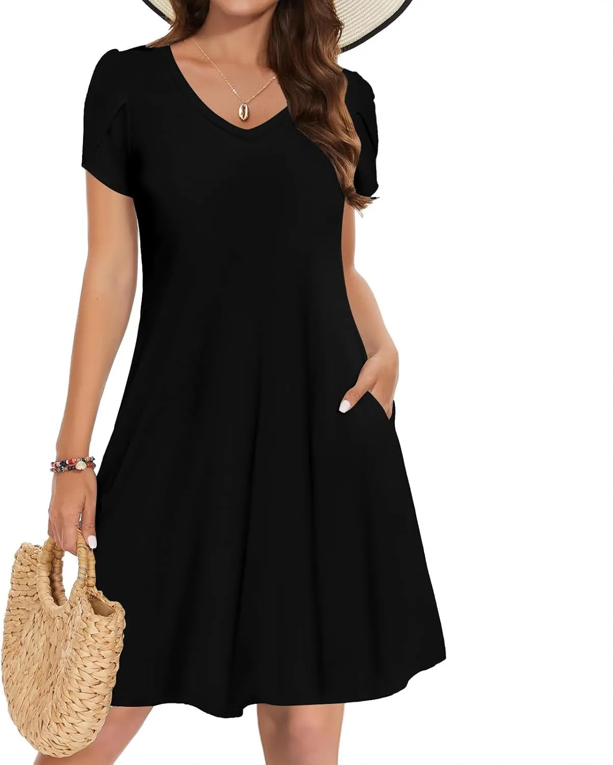 Women Summer Petal Sleeve Dress A-Line Mini Dresses Casual Floral T-Shirt Dress Flowy Beach Short Sundress with Pocket