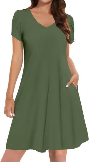Women Summer Petal Sleeve Dress A-Line Mini Dresses Casual Floral T-Shirt Dress Flowy Beach Short Sundress with Pocket