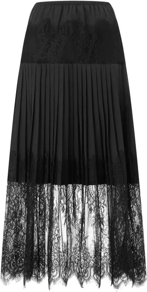 Women Summer Pleated Skirt Casual Floral Lace Elastic A-Line Midi Skirt for Beach Vacation Club Streetwear