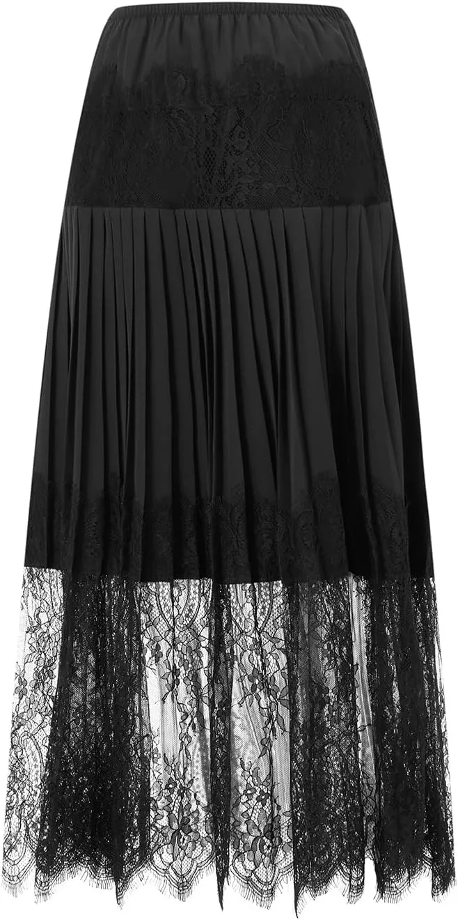 Women Summer Pleated Skirt Casual Floral Lace Elastic A-Line Midi Skirt for Beach Vacation Club Streetwear