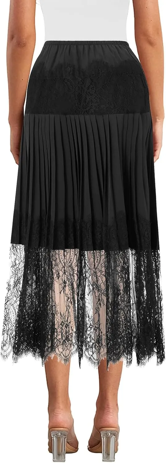 Women Summer Pleated Skirt Casual Floral Lace Elastic A-Line Midi Skirt for Beach Vacation Club Streetwear