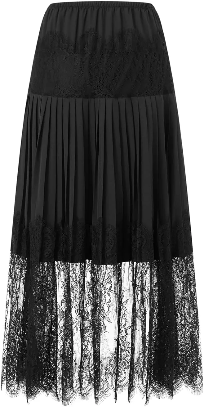 Women Summer Pleated Skirt Casual Floral Lace Elastic A-Line Midi Skirt for Beach Vacation Club Streetwear