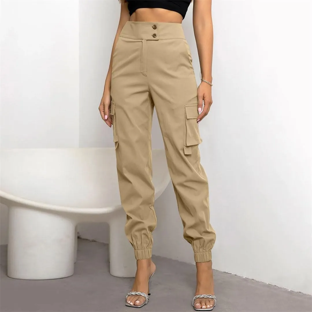 Women Summer Solid Jogger Athletic Harem Pants High Waisted Button Down Casual Slim Fit Cargo Pants