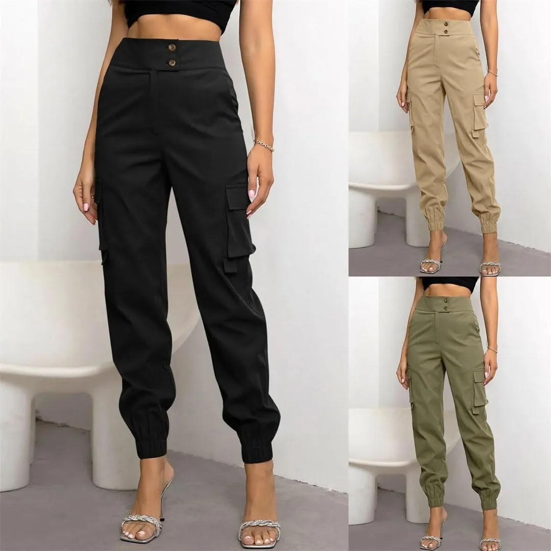 Women Summer Solid Jogger Athletic Harem Pants High Waisted Button Down Casual Slim Fit Cargo Pants