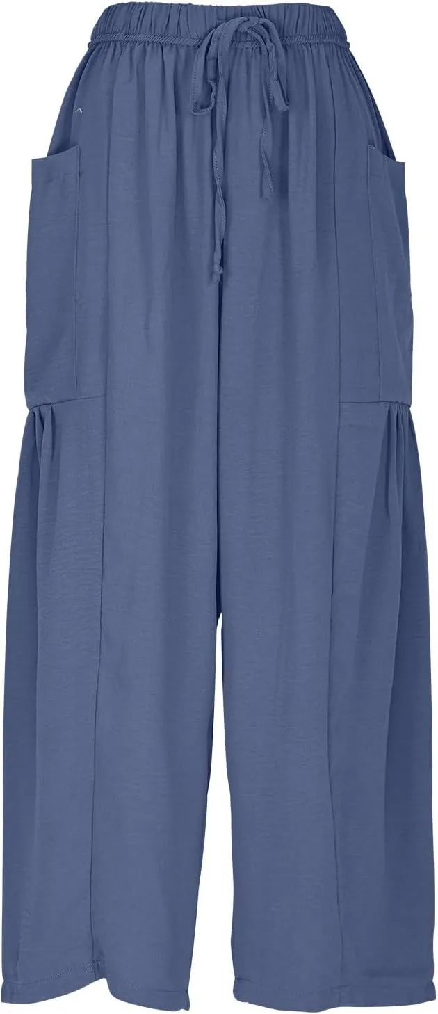 Women Summer Trendy Pants Wide Leg Cotton Linen Pants Beach Palazzo Lounge Trousers Plus Size Clothes