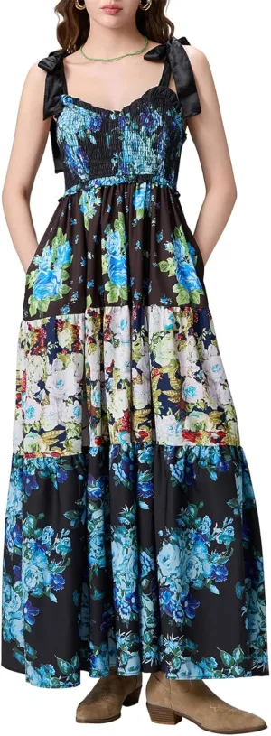 Women Summer Y2k Floral Maxi Dress Tie Shoulder Strap Backless Ruffle Smocked Long Dresses Boho Flowy Beach Sundress