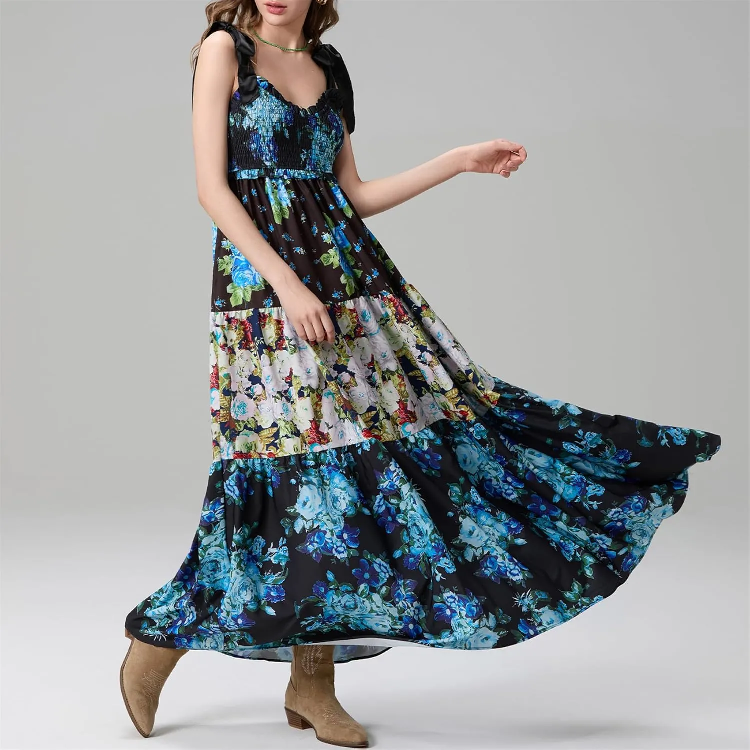 Women Summer Y2k Floral Maxi Dress Tie Shoulder Strap Backless Ruffle Smocked Long Dresses Boho Flowy Beach Sundress