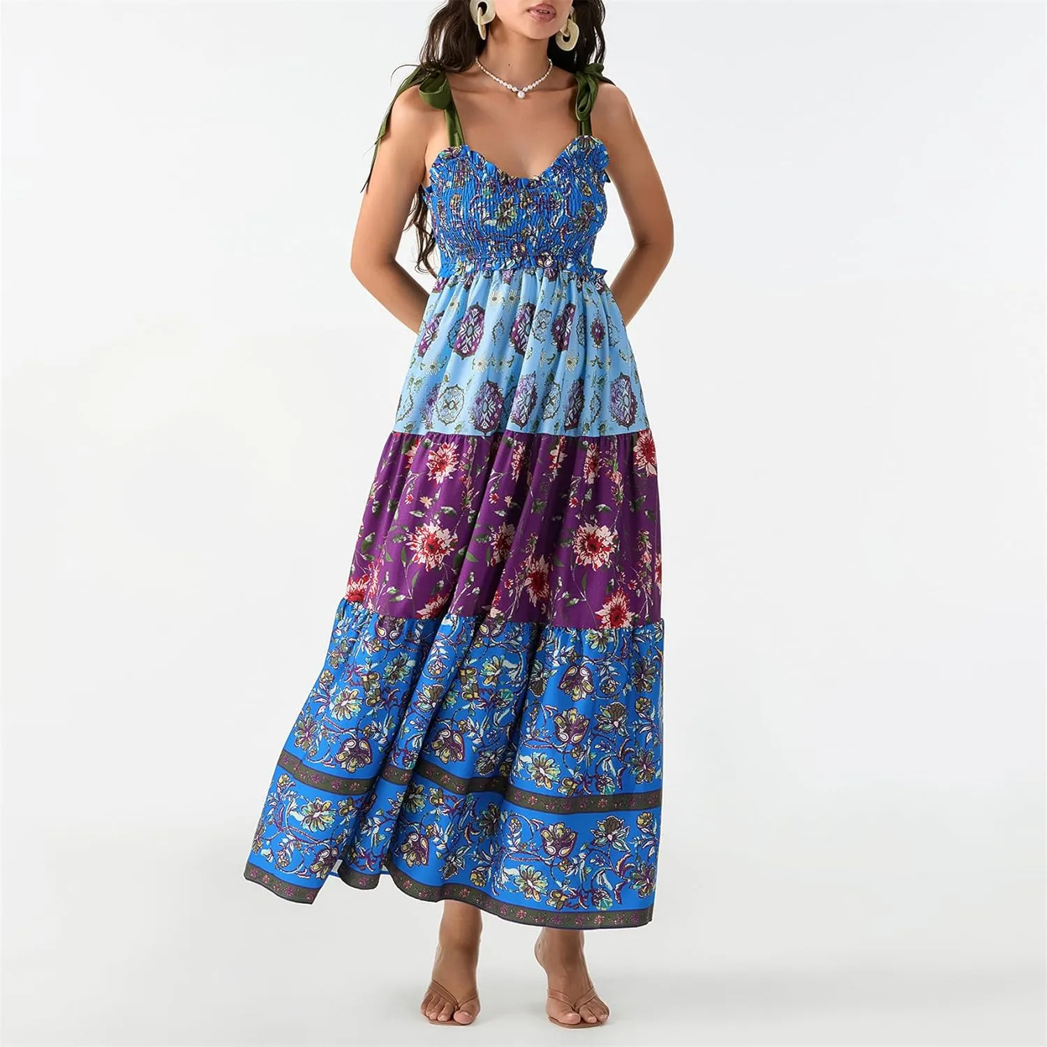 Women Summer Y2k Floral Maxi Dress Tie Shoulder Strap Backless Ruffle Smocked Long Dresses Boho Flowy Beach Sundress