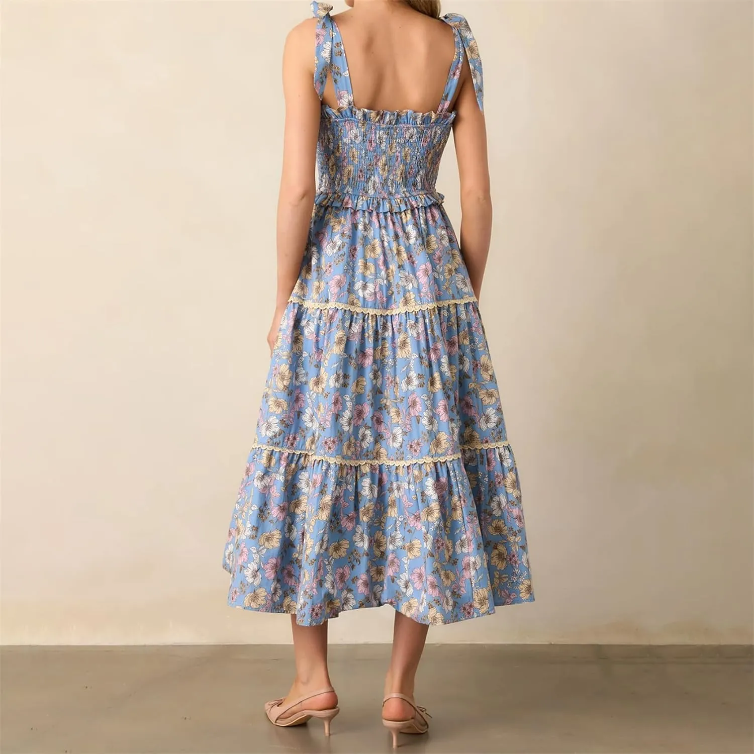Women Summer Y2k Floral Maxi Dress Tie Shoulder Strap Backless Ruffle Smocked Long Dresses Boho Flowy Beach Sundress