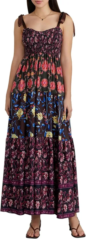Women Summer Y2k Floral Maxi Dress Tie Shoulder Strap Backless Ruffle Smocked Long Dresses Boho Flowy Beach Sundress