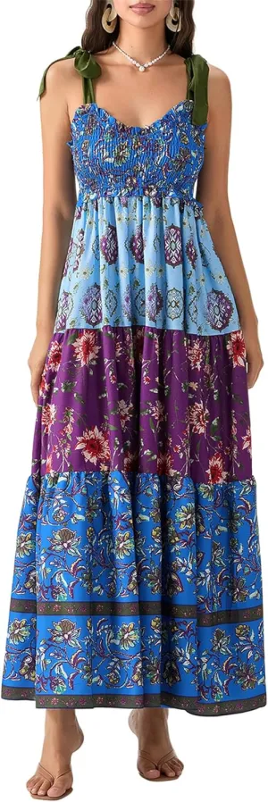 Women Summer Y2k Floral Maxi Dress Tie Shoulder Strap Backless Ruffle Smocked Long Dresses Boho Flowy Beach Sundress