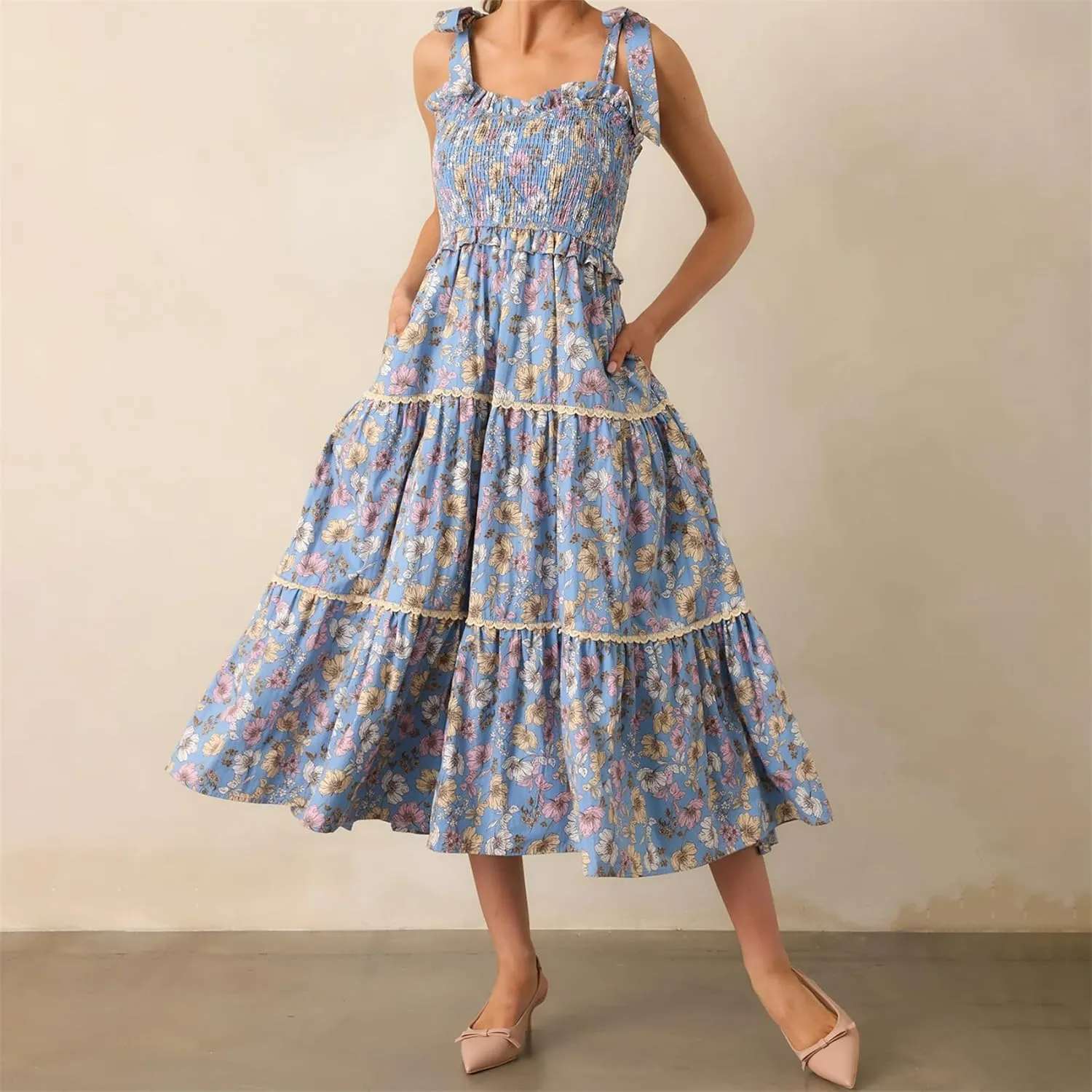 Women Summer Y2k Floral Maxi Dress Tie Shoulder Strap Backless Ruffle Smocked Long Dresses Boho Flowy Beach Sundress