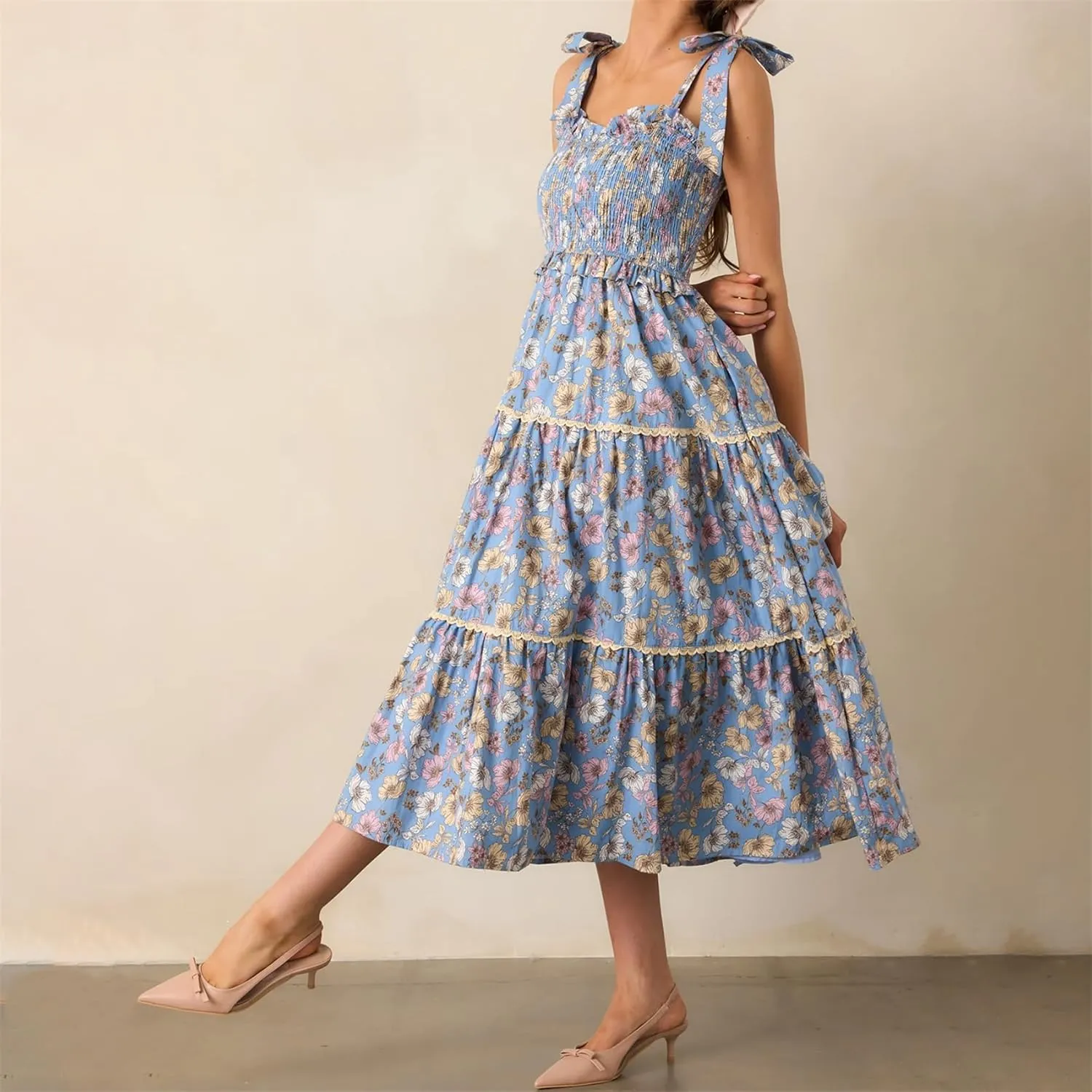 Women Summer Y2k Floral Maxi Dress Tie Shoulder Strap Backless Ruffle Smocked Long Dresses Boho Flowy Beach Sundress