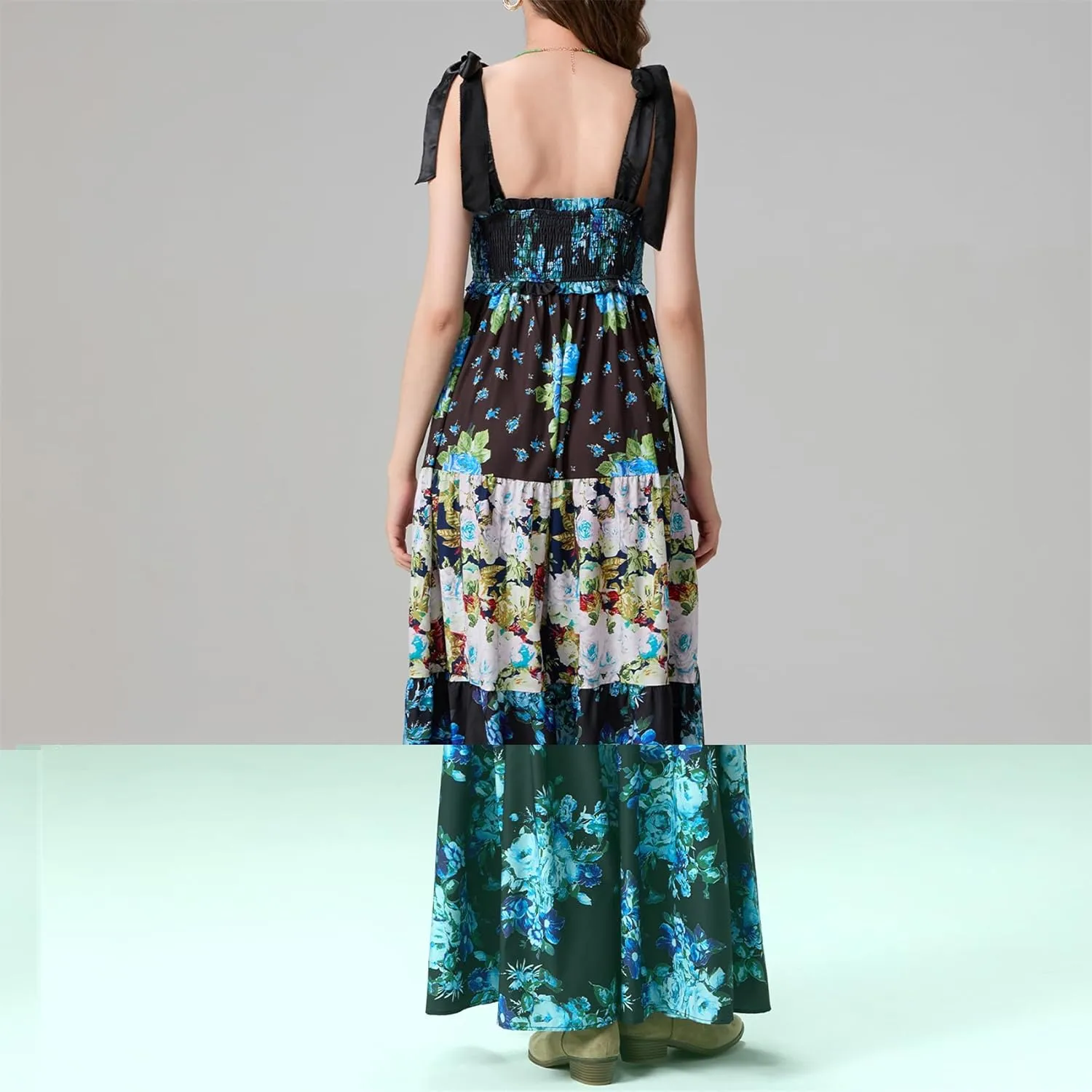 Women Summer Y2k Floral Maxi Dress Tie Shoulder Strap Backless Ruffle Smocked Long Dresses Boho Flowy Beach Sundress