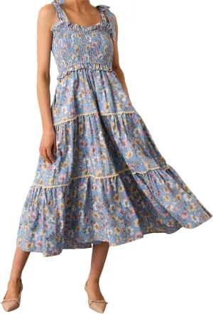 Women Summer Y2k Floral Maxi Dress Tie Shoulder Strap Backless Ruffle Smocked Long Dresses Boho Flowy Beach Sundress