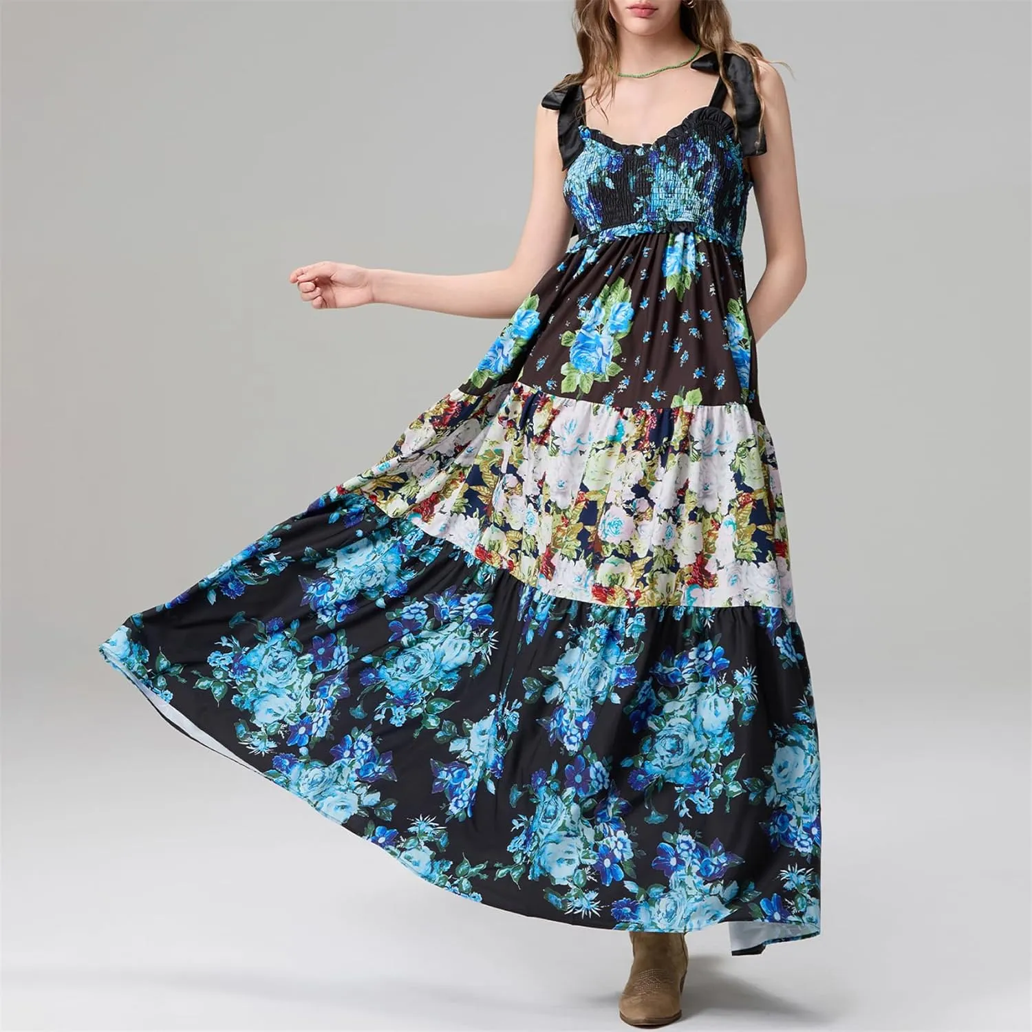 Women Summer Y2k Floral Maxi Dress Tie Shoulder Strap Backless Ruffle Smocked Long Dresses Boho Flowy Beach Sundress