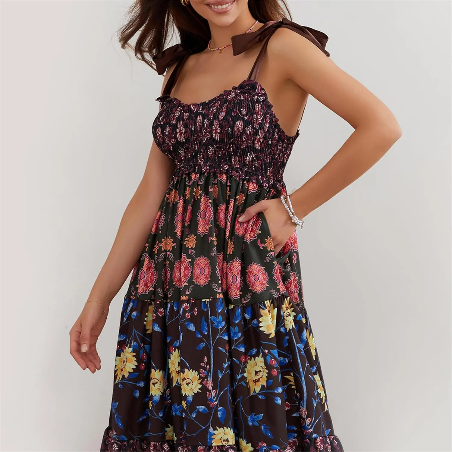 Women Summer Y2k Floral Maxi Dress Tie Shoulder Strap Backless Ruffle Smocked Long Dresses Boho Flowy Beach Sundress