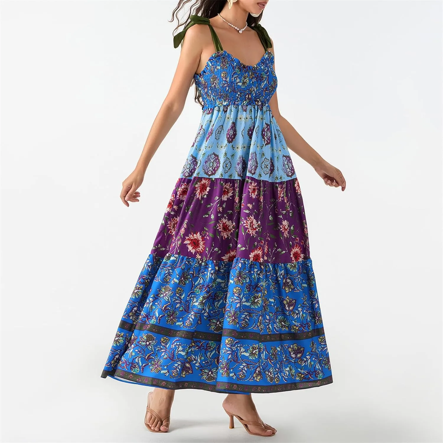 Women Summer Y2k Floral Maxi Dress Tie Shoulder Strap Backless Ruffle Smocked Long Dresses Boho Flowy Beach Sundress