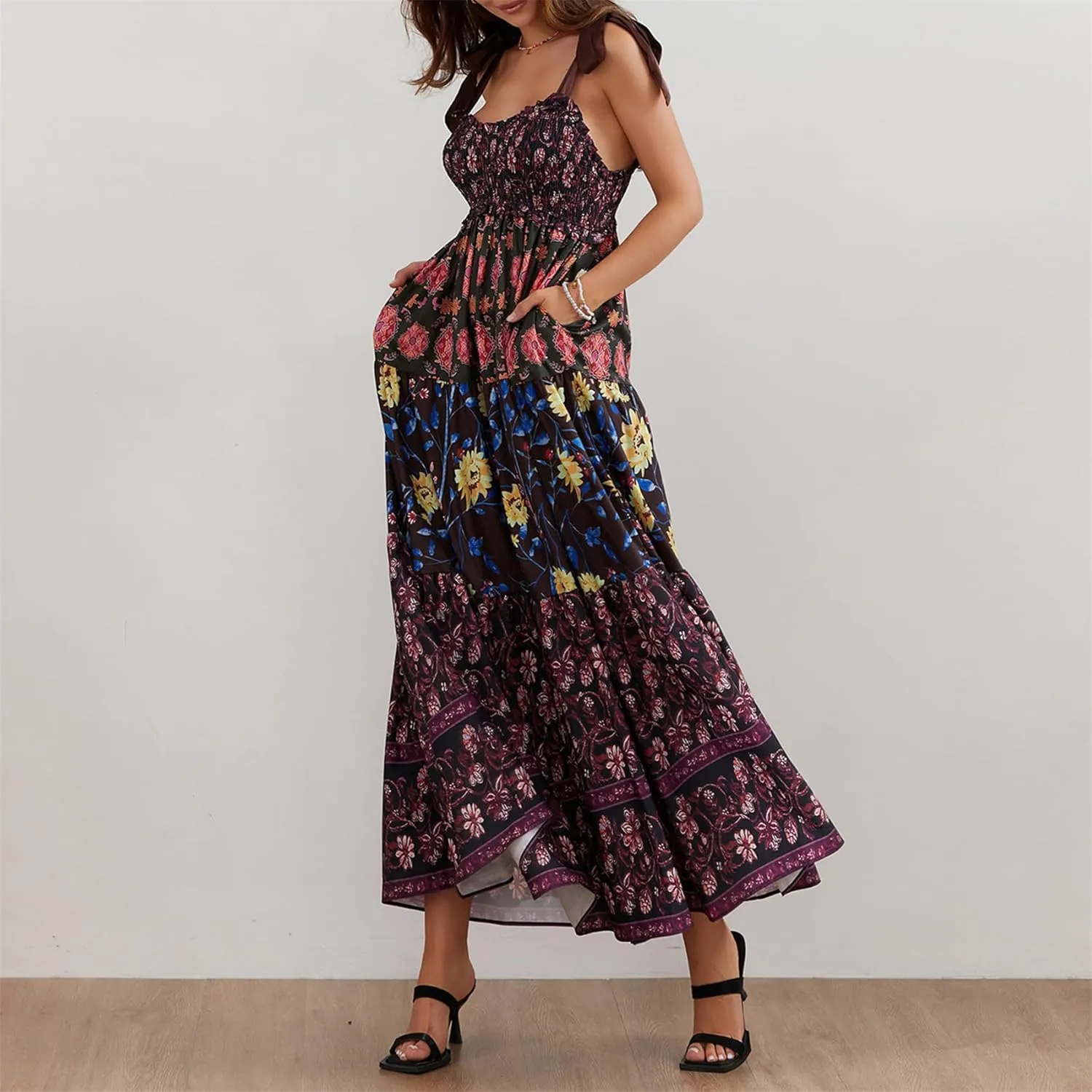 Women Summer Y2k Floral Maxi Dress Tie Shoulder Strap Backless Ruffle Smocked Long Dresses Boho Flowy Beach Sundress
