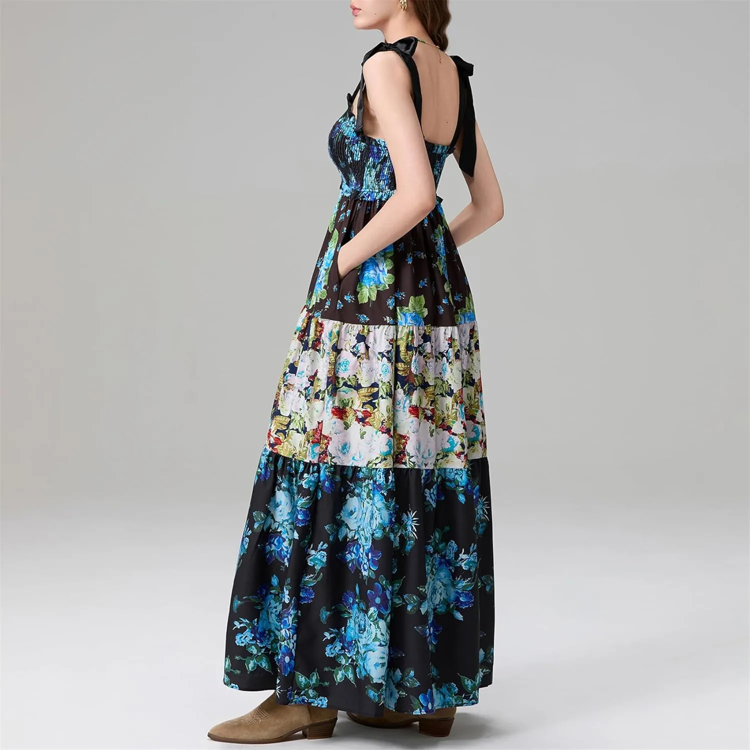 Women Summer Y2k Floral Maxi Dress Tie Shoulder Strap Backless Ruffle Smocked Long Dresses Boho Flowy Beach Sundress