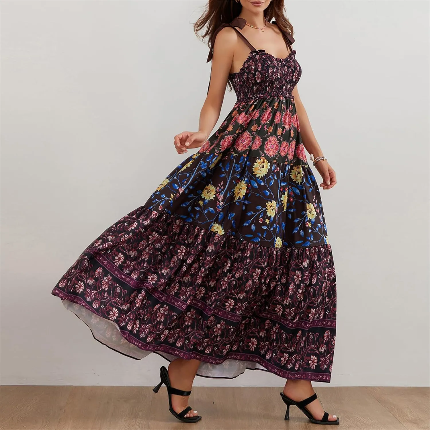 Women Summer Y2k Floral Maxi Dress Tie Shoulder Strap Backless Ruffle Smocked Long Dresses Boho Flowy Beach Sundress