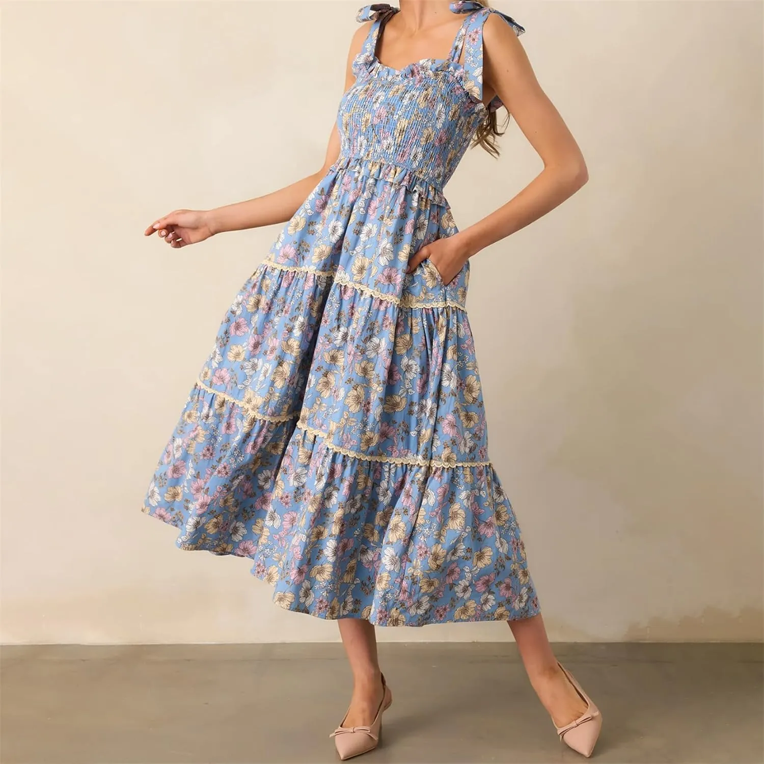 Women Summer Y2k Floral Maxi Dress Tie Shoulder Strap Backless Ruffle Smocked Long Dresses Boho Flowy Beach Sundress
