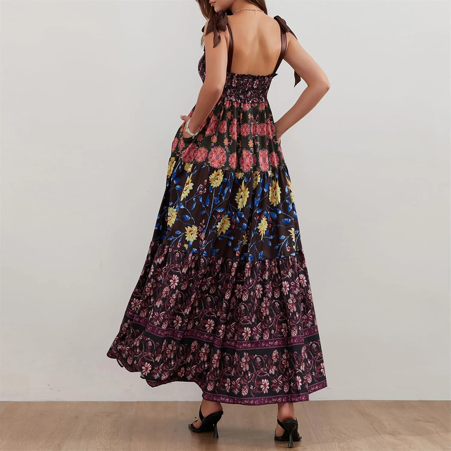 Women Summer Y2k Floral Maxi Dress Tie Shoulder Strap Backless Ruffle Smocked Long Dresses Boho Flowy Beach Sundress