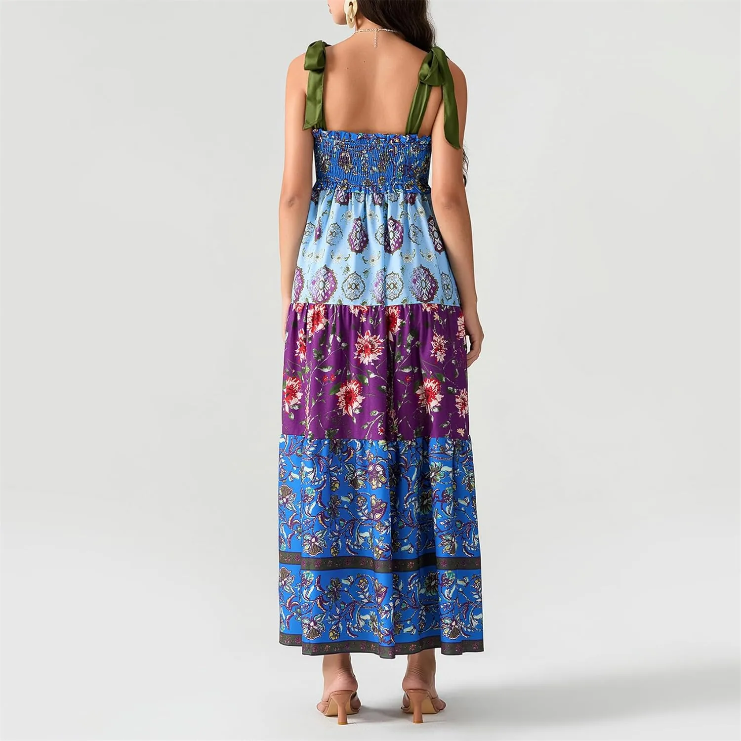 Women Summer Y2k Floral Maxi Dress Tie Shoulder Strap Backless Ruffle Smocked Long Dresses Boho Flowy Beach Sundress