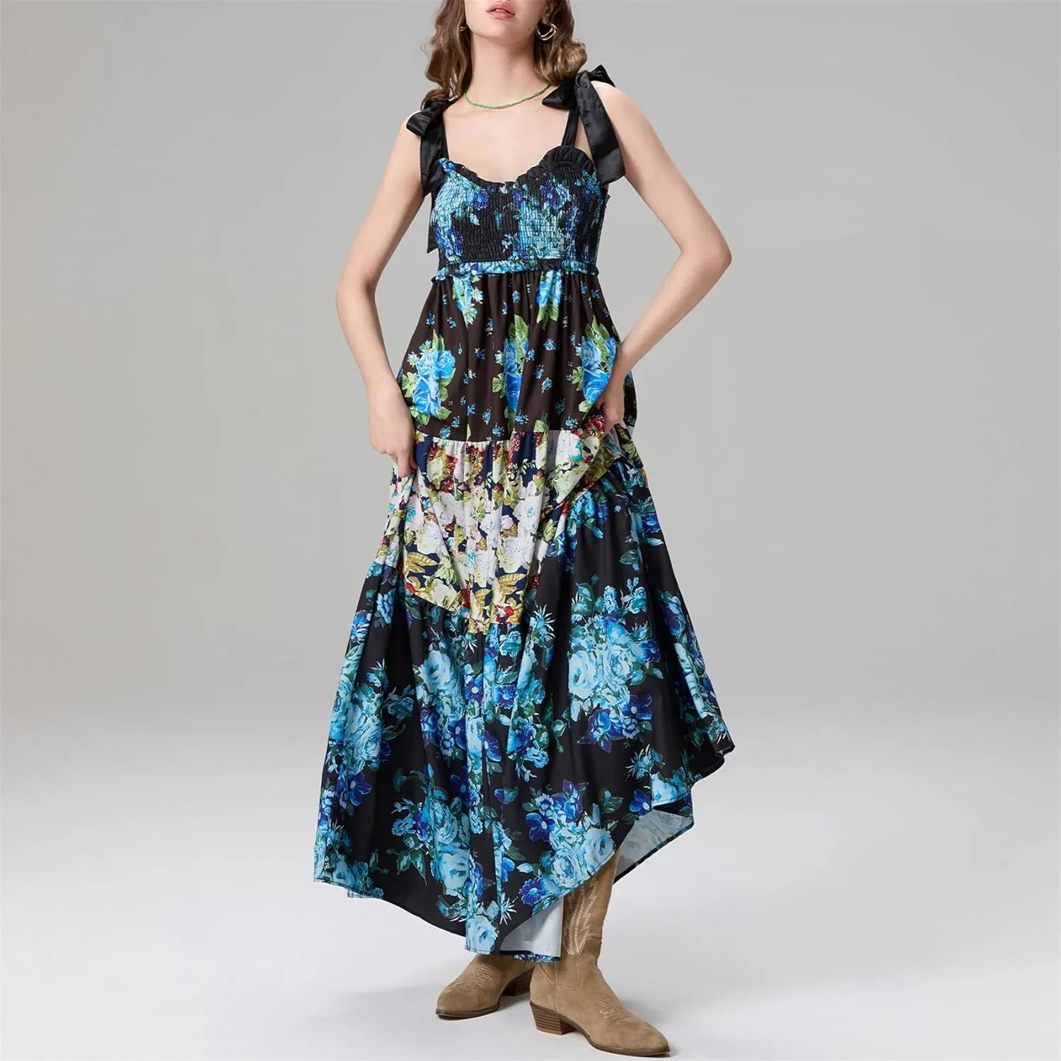 Women Summer Y2k Floral Maxi Dress Tie Shoulder Strap Backless Ruffle Smocked Long Dresses Boho Flowy Beach Sundress