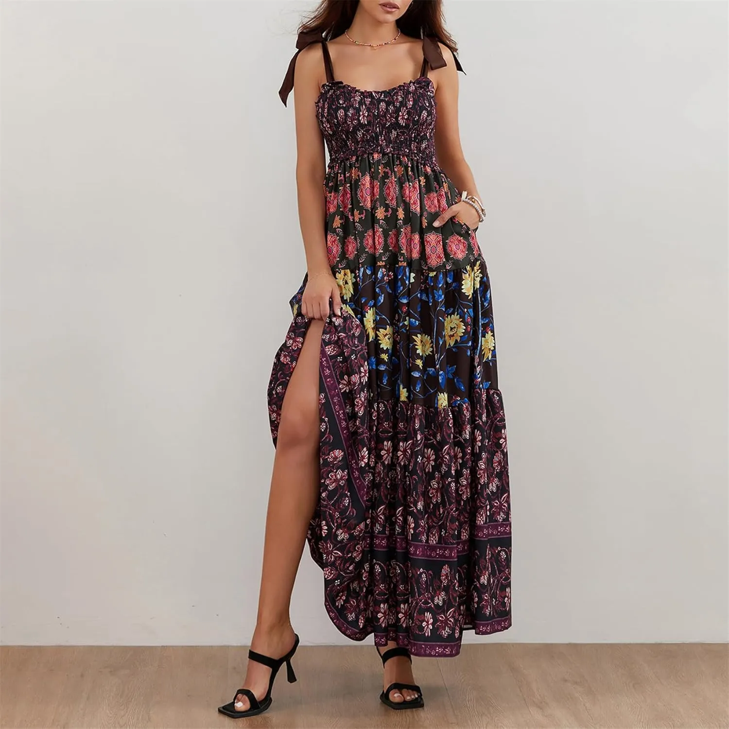 Women Summer Y2k Floral Maxi Dress Tie Shoulder Strap Backless Ruffle Smocked Long Dresses Boho Flowy Beach Sundress