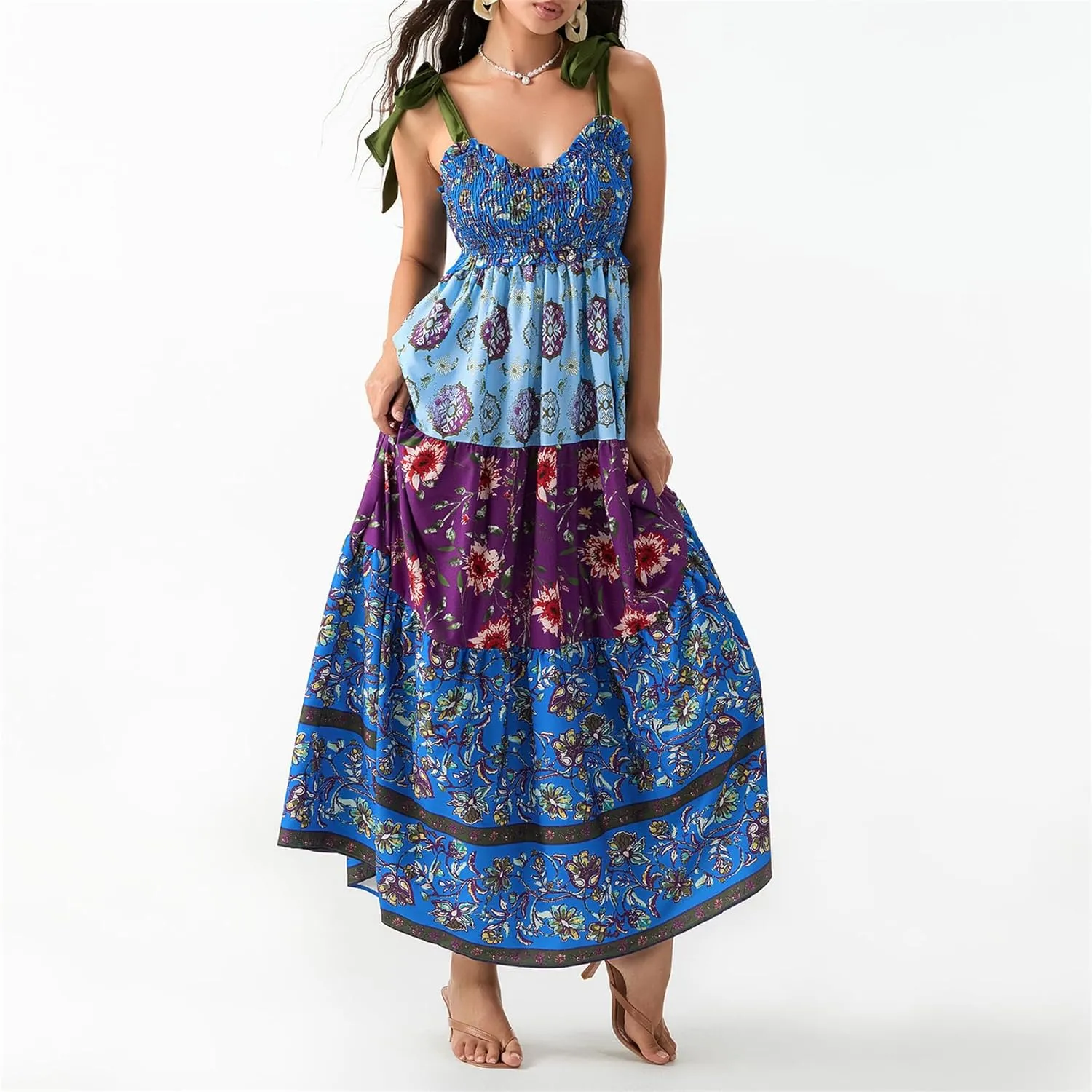 Women Summer Y2k Floral Maxi Dress Tie Shoulder Strap Backless Ruffle Smocked Long Dresses Boho Flowy Beach Sundress