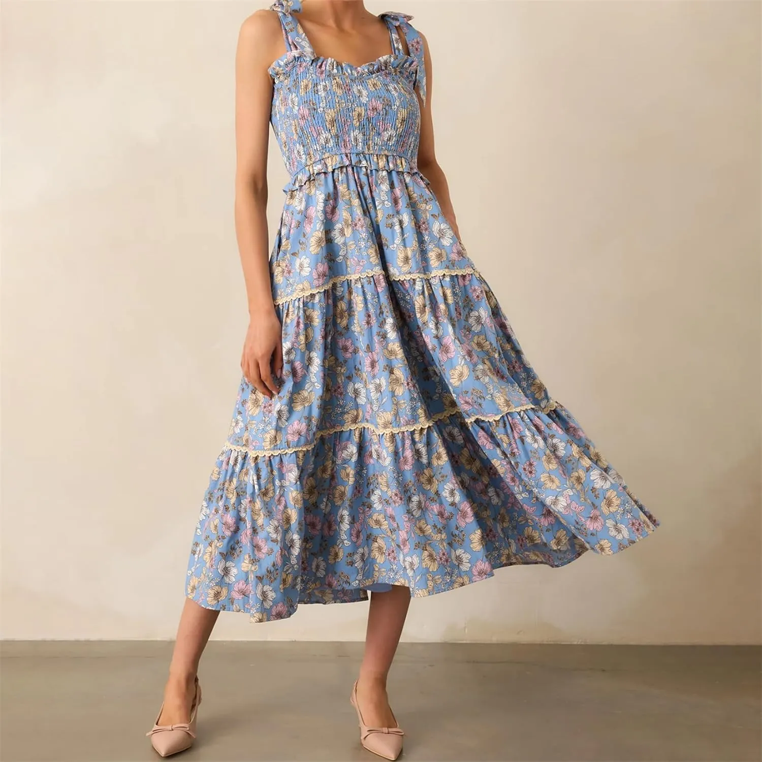Women Summer Y2k Floral Maxi Dress Tie Shoulder Strap Backless Ruffle Smocked Long Dresses Boho Flowy Beach Sundress