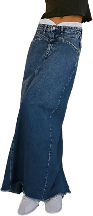 Women Vintage Long Denim Skirt Solid Color Low Waist Frayed Raw Hem A line Maxi Jean Skirt with Pockets Y2k Trendy