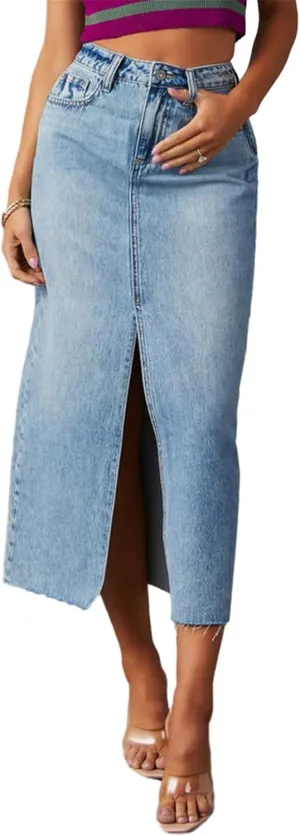Women Vintage Long Denim Skirt Solid Color Low Waist Frayed Raw Hem A line Maxi Jean Skirt with Pockets Y2k Trendy