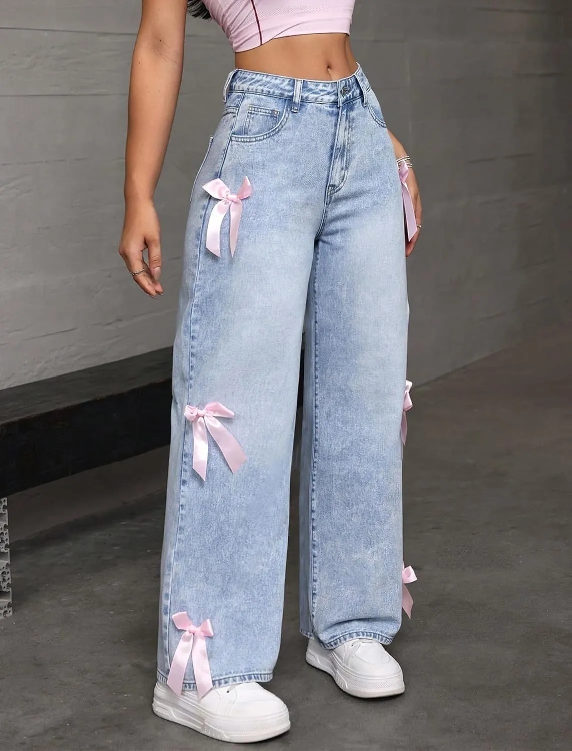 Women Wide Leg Baggy Jeans High Waisted Bowknot Embroidery Denim Pants Straight Leg Boyfriend Trendy Streetwear
