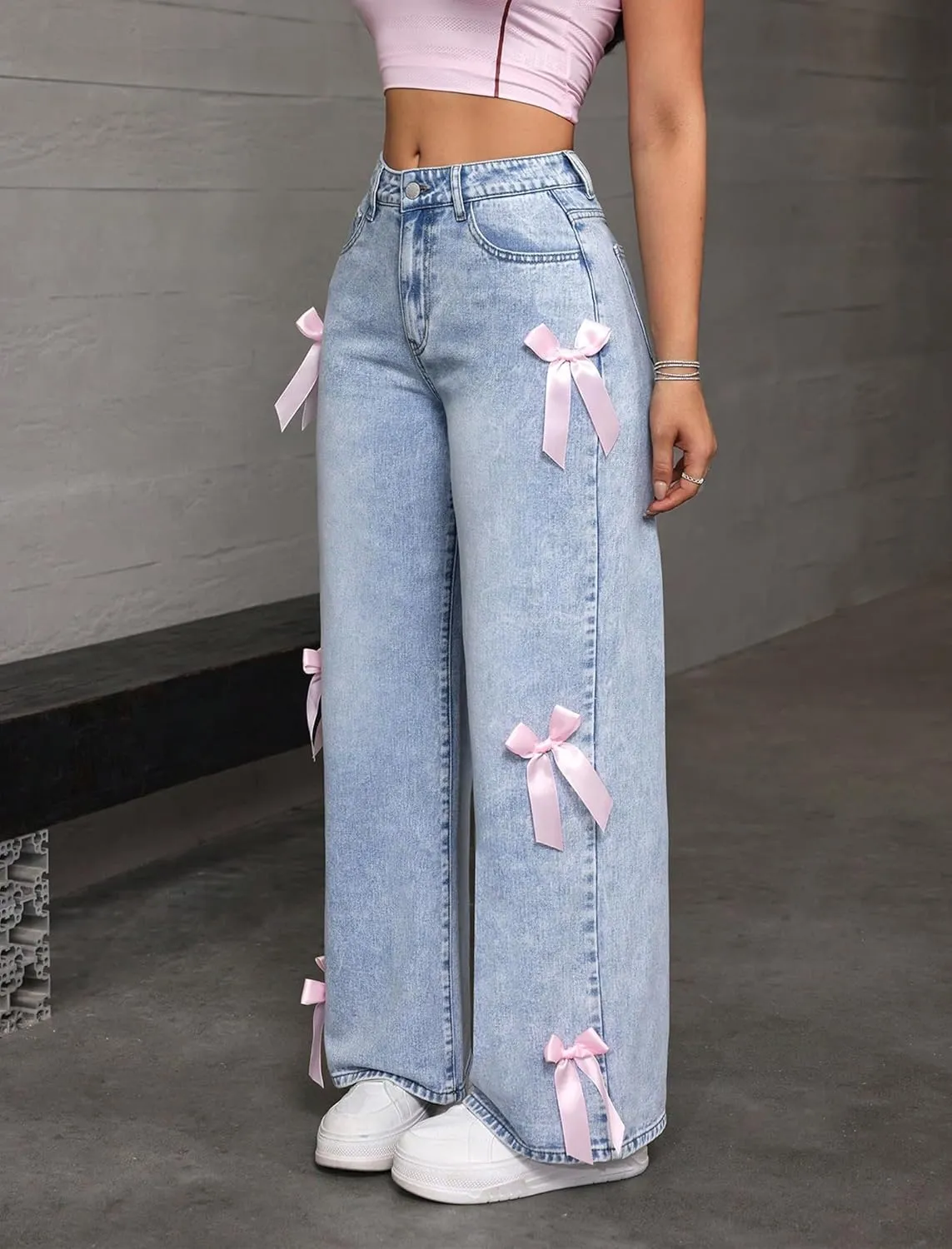 Women Wide Leg Baggy Jeans High Waisted Bowknot Embroidery Denim Pants Straight Leg Boyfriend Trendy Streetwear