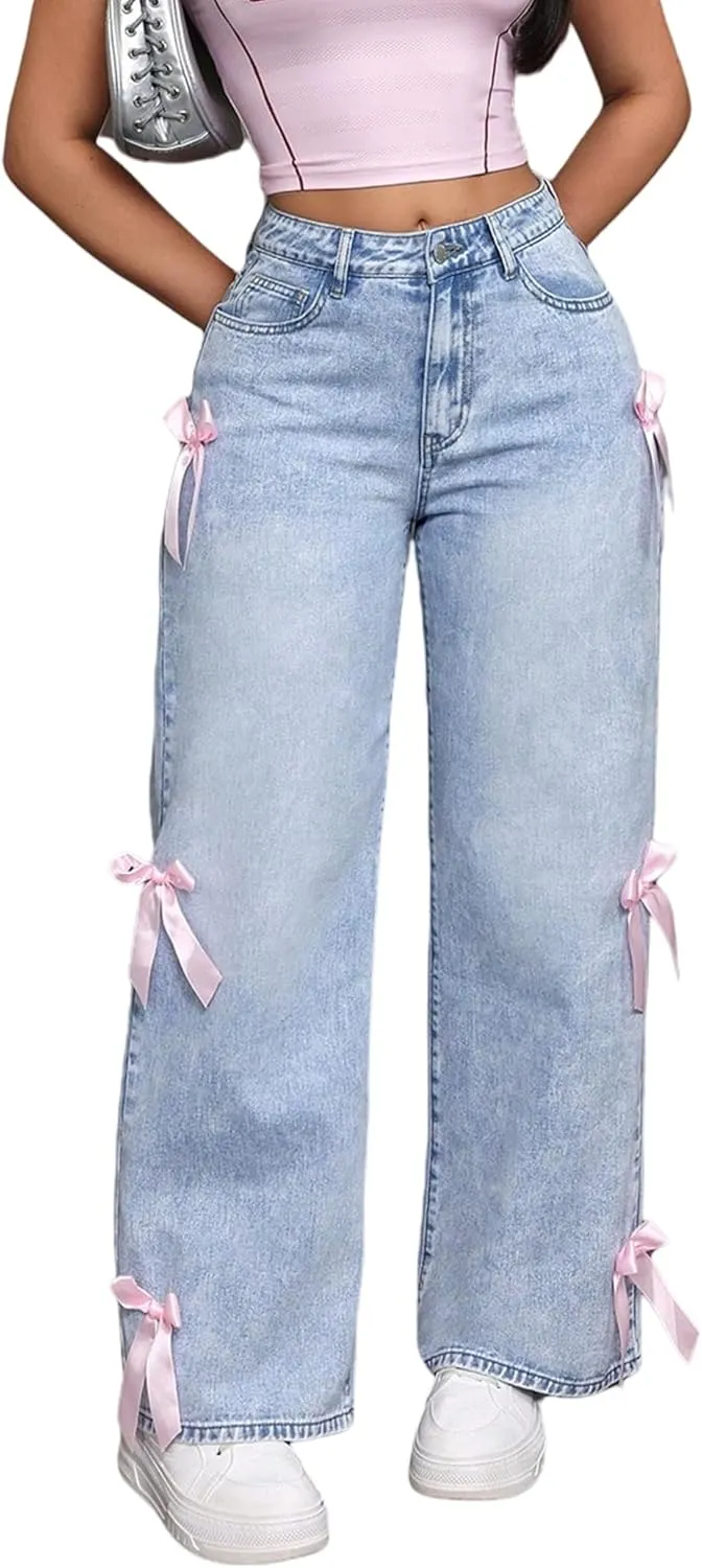 Women Wide Leg Baggy Jeans High Waisted Bowknot Embroidery Denim Pants Straight Leg Boyfriend Trendy Streetwear